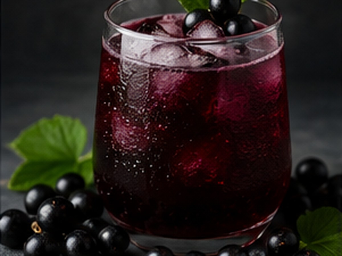 Black currant berries beside a dark cassis sparkling beverage