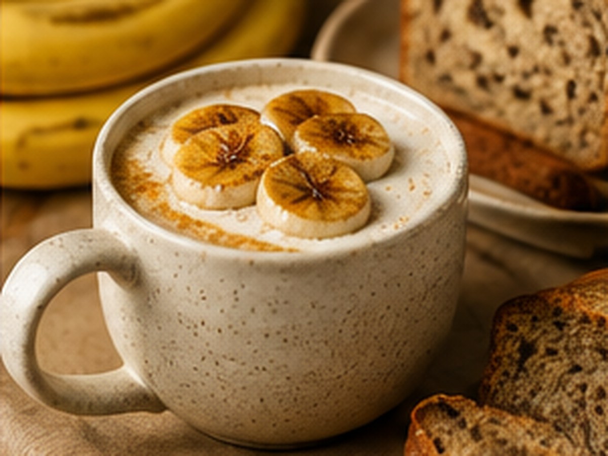 Roasted banana latte with banana slices and banana bread