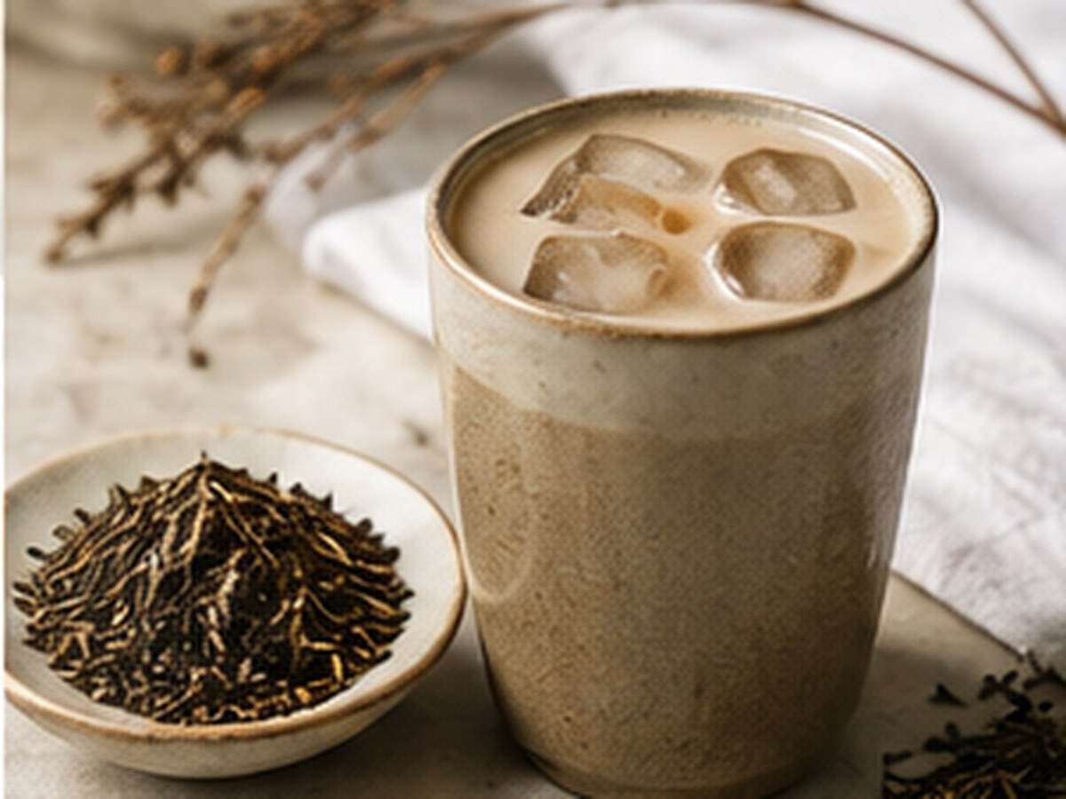 Iced hojicha latte beside roasted green tea leaves