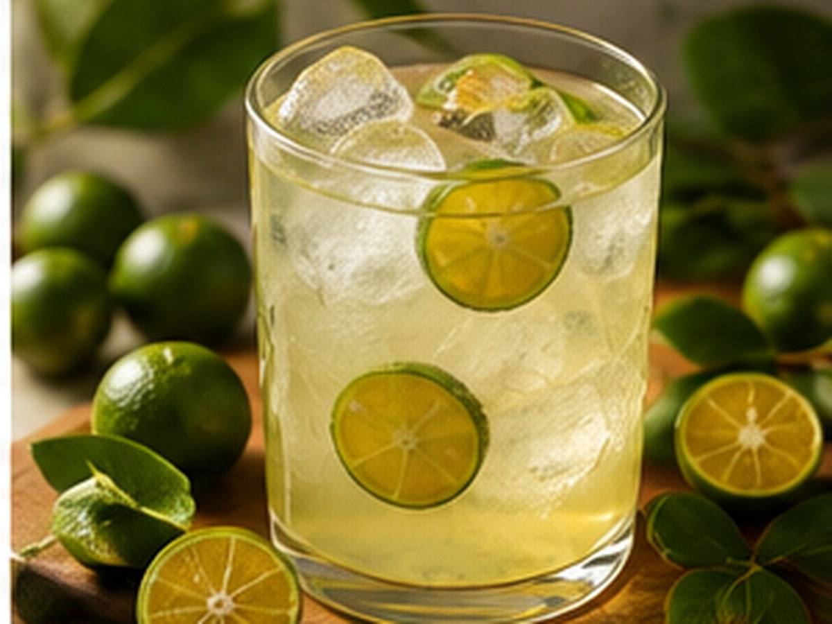 Fresh calamansi fruit beside a bright sparkling calamansi beverage