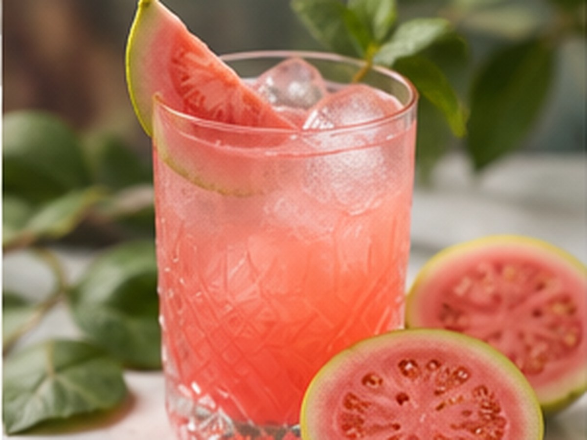 Pink guava fruit beside a chilled pink guava beverage