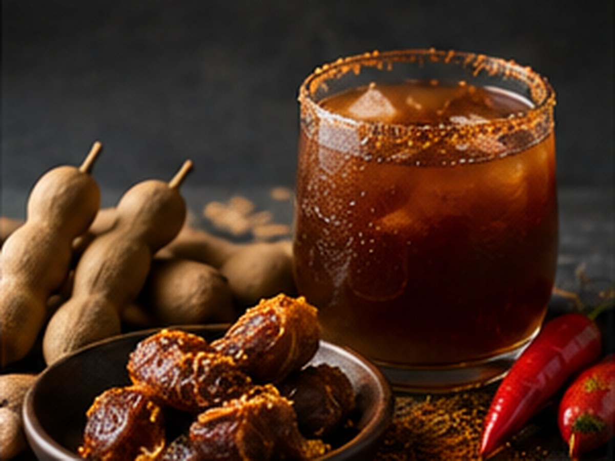 Tamarind pods and pulp beside a chilli-lime tamarind refresher