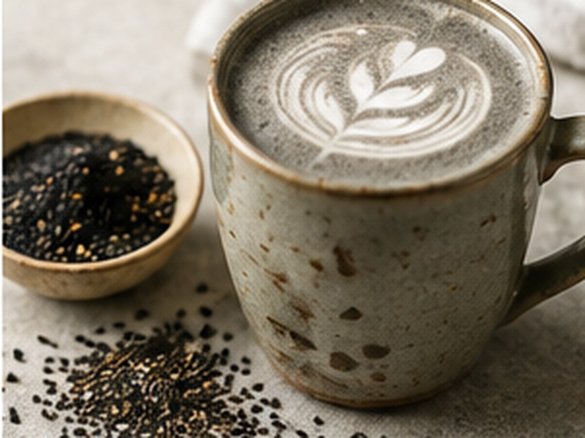 Black sesame seeds beside a creamy black sesame latte