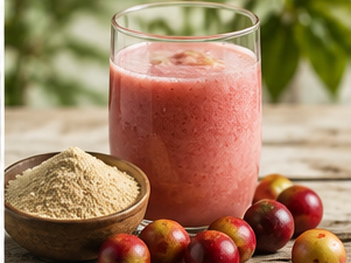Camu camu fruit and powder beside a pink functional beverage