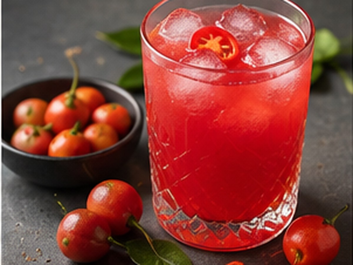 Fresh manzano peppers beside a red fruit-heat beverage